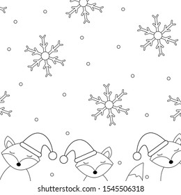 Winter card with snowflakes and fox. Coloring page. Vector illustration.