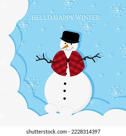 A winter card with a snowman in a bowler hat and plaid cape, hands made of branches on blue background with falling snowflakes and inscription hello happy winter. Flat picture with English snowman. 
