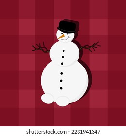 A winter card with a snowman in a bowler hat hands made of branches on red checkered retro plaid background Flat picture with English snowman. 