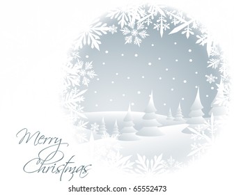 Winter card with snowy landscape and white snowflakes