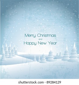 Winter card with snowy landscape and white snowflakes