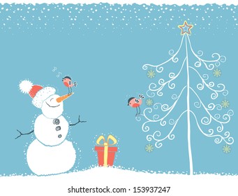 Winter card for text.Christmas blue background with birds and snowman on snow