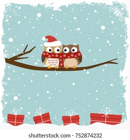 Winter card with two owls and collection of gift boxes