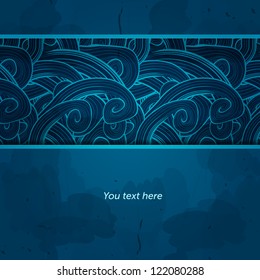 Winter card. Vector template design. Invitation card on grunge background with waves. Template frame design for card in cold winter theme. Abstract blue background. Luxury ornamental pattern template.