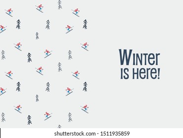 Winter card vector template with skiers pattern background. Vintage, retro minimalist postcard for winter holiday, ski resort, active lifestyle. Eps10 illustration