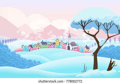 Winter card with village and tree
