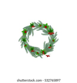 Winter card is wreath with holly and pine, and berry on the white  background. Can be use as banner or poster.Vector illustration.