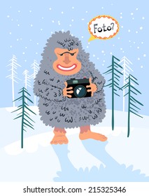 Winter card with yeti photographer