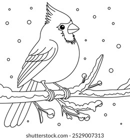 Winter Cardinal on a Frosty Branch Outline Coloring Page. Christmas and Winter Animal Illustration 