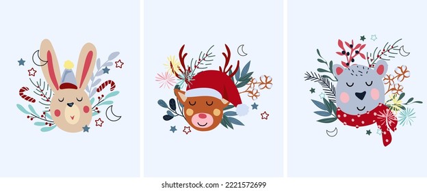 Winter cards with animals head, funny reindeer, cute polar bear in a scarf, rabbit head, colorful flowers and leaves. Magic animals. Concept Christmas and New Year. Vector.