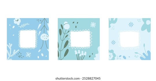 Cartões de inverno com modelos de espaço de cópia definidos. Banners com quadros retangulares decorados com elementos botânicos e bagas em um fundo azul claro. Ilustração de coleção desenhada à mão de vetor.