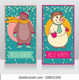 Winter cards with cute snowman and happy bear, vector illustration