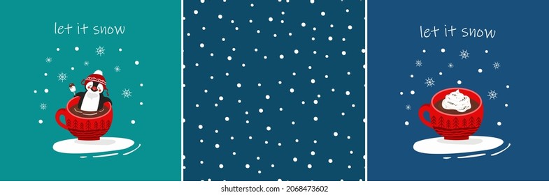 Winter Cards Set: Penguin,cup, Snowfall, Greeting - Let It Snow. Seamless Pattern Of Snowflakes. Vector, Isolated.