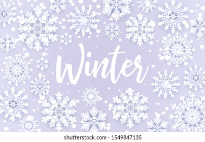 Winter card.Snowfall frame with sale text and 3d paper cut snow flakes on blue background for retail seasonal promotion. Christmas seasonal banner design.New Year vector illustration