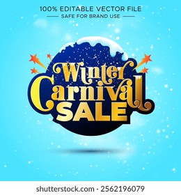 Winter carnival sale circular logo design with Winter snow background. Winter sale offer deal discount on shopping logo and background concept.