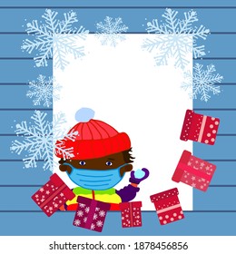 Winter cartoon card with black guy in medical mask