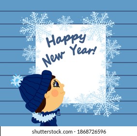 Winter cartoon card with guy in blue knitted hat, jacket with fur and frame with text Happy New Year and snowflakes
