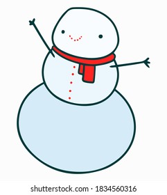 Winter cartoon character Snowman vector. Santa's cute colored Christmas helper. The festive element is hand-drawn on white background.