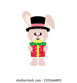 winter cartoon cute bunny in hat with christmas gift