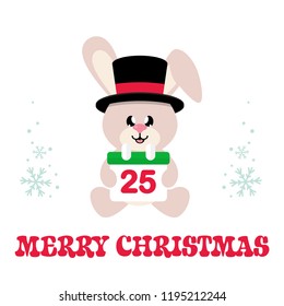 winter cartoon cute bunny in hat with christmas calenda  sitting and text