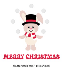 winter cartoon cute bunny in hat with snowball and christmas text