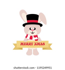winter cartoon cute bunny with scarf and hat and christmas sign