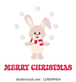 winter cartoon cute bunny with snowball and christmas text