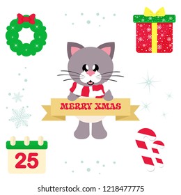 winter cartoon cute cat with christmas sign and christmas elements illustration vector
