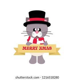 winter cartoon cute cat in hat with scarf and christmas sign