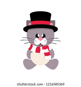 winter cartoon cute cat in hat with scarf sitting
