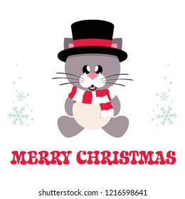 winter cartoon cute cat in hat with scarf sitting and christmas text