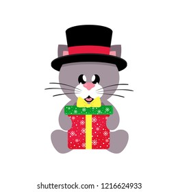 winter cartoon cute cat in hat sitting and christmas gift