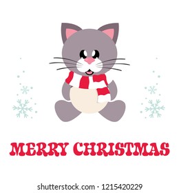 winter cartoon cute cat with scarf sitting and christmas text
