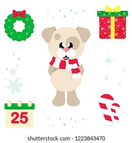 winter cartoon cute dog with scarf and christmas elements illustration vector
