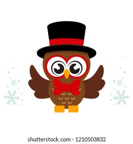 winter cartoon cute owl in hat with tie