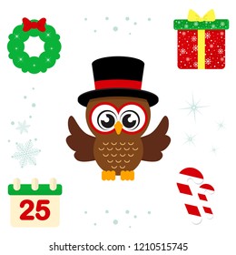 winter cartoon cute owl in hat with christmas elements illustration vector