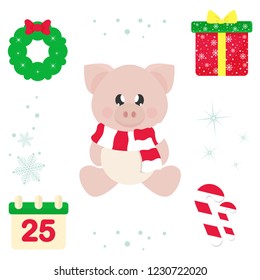 winter cartoon cute pig with scarf sitting and christmas elements illustration vector