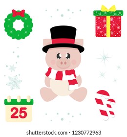 winter cartoon cute pig with scarf in hat sitting and christmas elements illustration vector