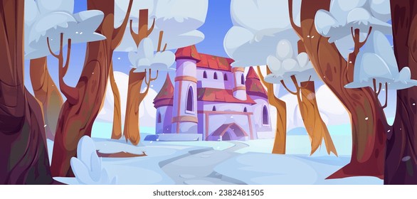 Caricatura de invierno paisaje de cuento de hadas con castillo real en un bosque cubierto de nieve. Vectorial paisaje de fortaleza medieval con puerta y torres rodeadas de árboles nevados. Fortaleza antigua en esquisto de nieve