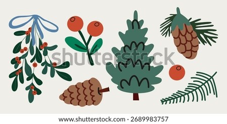 Winter cartoon forest tree, cone, leaves and plants stickers in retro flat style. Cozy cheerful winter elements and shapes. Vector nature illustration for greeting cards, patches, labels, stamps