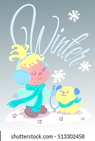 Winter Cartoon Funny Girl Walking with Dog