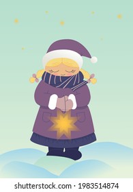 Winter cartoon illustration with a girl with pigtails in a fur coat and a cap with a glowing star in her hands in purple, blue and yellow tones