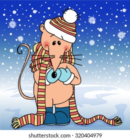 Winter cartoon illustration mouse in hats, scarves, mittens, boots.