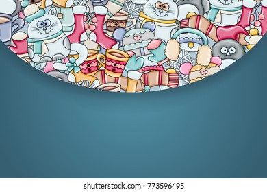 Winter cartoon illustration. New year greeting card background with space for text. Cute hand drawn doodle vector design