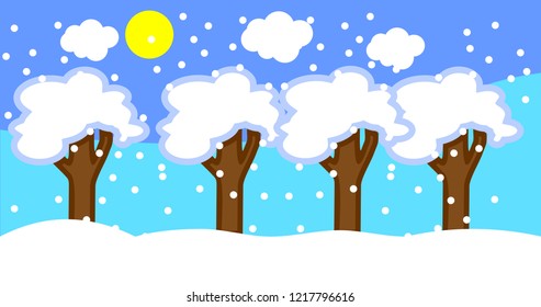 Winter cartoon landscape with deciduous trees covered with snow, blue sky and yellow sun