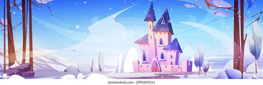 Winter cartoon landscape with fairytale royal castle near mountains, snowy ground and trees. Medieval palace with windows and doors, towers and gates. Path leads to the entrance to the fortress.