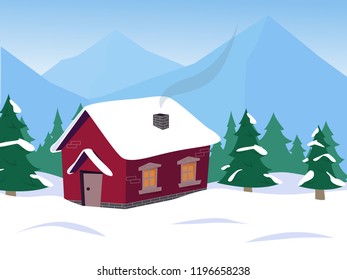 
Winter cartoon mountains landscape with house and smoke from the chimney.
Snow covered forest with christmas trees. Vector cartoon illustration. EPS 10