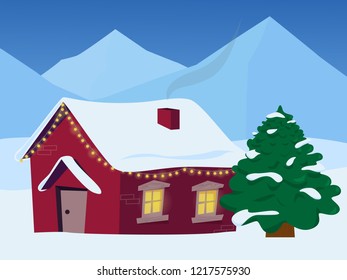 Winter cartoon mountains landscape with house and smoke from the chimney. Decorated red brick house.
Snow covered forest with christmas trees. Vector cartoon illustration. EPS 10
