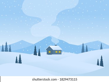 Winter cartoon mountains landscape with house and smoke from chimney vector illustration, space for text