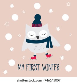 winter cartoon owl, christmas card with winter owl vector illustration